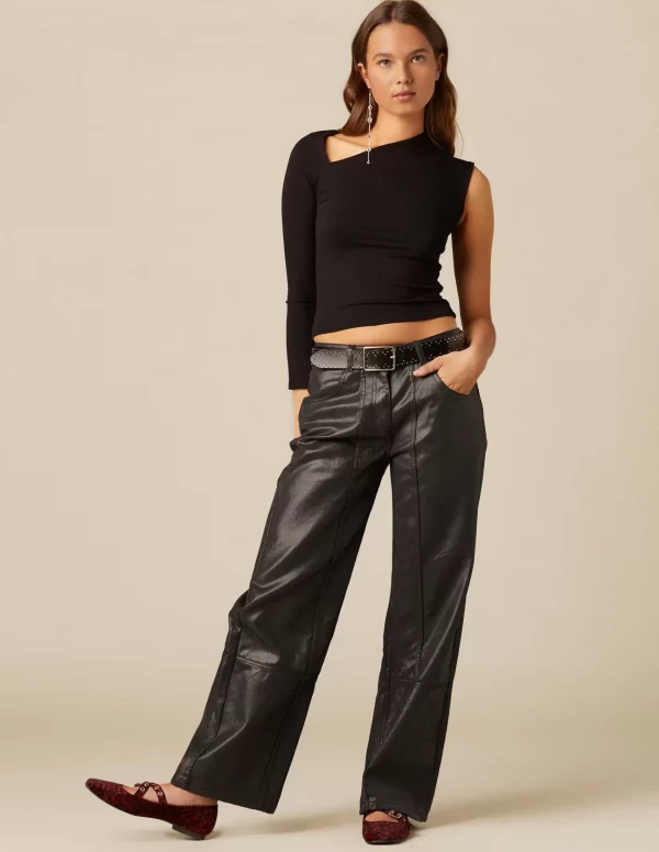 NÍCOLI PANTALÓN NEGRO COSTURAS ENCERADO< Denim | Pantalones