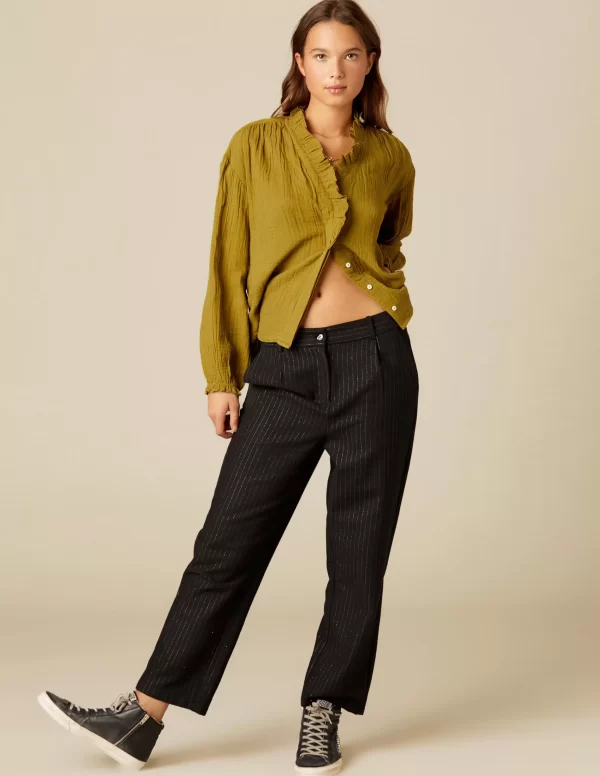 NÍCOLI PANTALÓN RAYA BRILLO AZUL< Pantalones