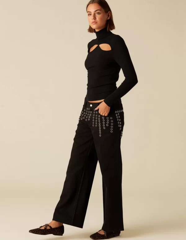 NÍCOLI TOP ABERTURA ESCOTE CUELLO VUELTO NEGRO< Tops