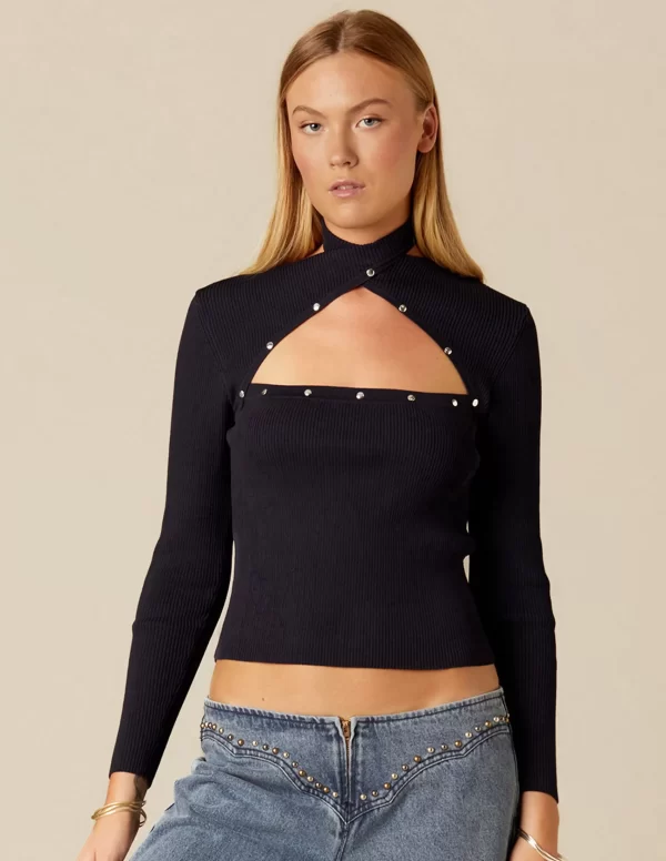 NÍCOLI TOP ABERTURA ESCOTE TACHAS AZUL< Tops