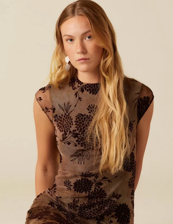 NÍCOLI VESTIDO FLOR TULLE MARRÓN< Vestidos